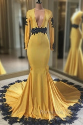 Deep V Neck Yellow Semi Formal Prom Dresses Black Lace Applique Evening Gown