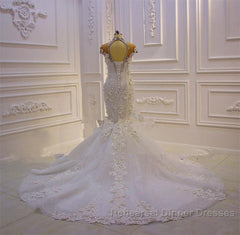 Delicate Sleeveless Beading Sheer Tulle Appliques Mermaid Sparkling Wedding Dress