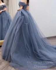 Dusty Blue Tulle Semi Formal Prom Dresses Off Shoulder