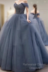 Dusty Blue Tulle Semi Formal Prom Dresses Off Shoulder