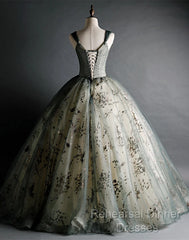 Dusty Green Ball Gown Beaded Tulle Formal Dress, Ball Gown Sweet 16 Dresses