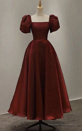 Elegant Satin A Line Ankle-length Short Sleeve Evening Dress with Ruching