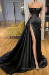 Elegant A-line Graduation Dresses Long Black Semi Formal Prom Dresses With Split Online