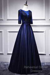 Elegant And Noble Blue Short Sleeved Lace Decal Ball Dress With Blue V-Neck Satin And Beaded Back Zipper And Floor Length Evening Dress