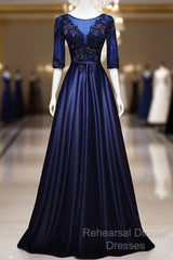 Elegant And Noble Blue Short Sleeved Lace Decal Ball Dress With Blue V-Neck Satin And Beaded Back Zipper And Floor Length Evening Dress