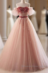 Elegant And Sweet Powder Blusher Powder Beading Sequins Off Shoulder Short Sleeve Semi Formal Prom Dress Powder Blusher Powder A-Shaped Princess Bow Belt Tulle Backless And Floor Length Evening Dress