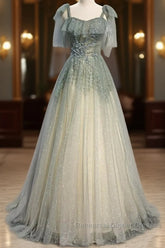 Elegant And Sweet Sage Green Sleeveless Off Shoulder Beads With Sparkling Sheer Sequins Semi Formal Prom Dress Sage Green A-Line Princess Shoulder Off Back Sweeping Train Ruffle Edge Evening Dress