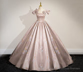 Elegant Ball Gown Pink Beaded Floral Appliques Quinceanera Dress