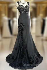 Elegant Black Mermaid Satin Beaded Sequin Long Evening Prom Dress, Sweetheart Neck Evening Dress