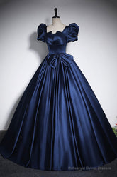 Elegant Blue Satin Prom Dresses, Square Neckline Puffy Short Sleeve Bow Backless Floor-Length Formal Dresses