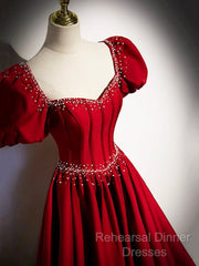 Elegant Burgundy Floor Length Semi Formal Prom Dress, A-Line Beading Puffy Short Sleeve Backless Evening Dress