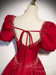 Elegant Burgundy Floor Length Semi Formal Prom Dress, A-Line Beading Puffy Short Sleeve Backless Evening Dress