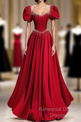 Elegant Burgundy Floor Length Semi Formal Prom Dress, A-Line Beading Puffy Short Sleeve Backless Evening Dress