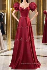 Elegant Burgundy Satin Long Semi Formal Prom Dress With Beaded, Burgundy Short Sleeve Evening Dress