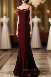 Elegant Burgundy Spaghetti Straps Velvet Mermaid Semi Formal Prom Dress Evening Dress