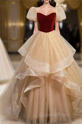 Elegant Burgundy Sparkling Sequin Square Neck Fluffy Short Sleeved Ball Dress, Burgundy Princess Sheer Backless Strap, Floor Length Layered Ruffle Edge Evening Prom Dress