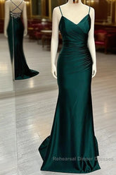Elegant Dark Green Mermaid Spaghetti Strap Satin Long Semi Formal Prom Dress