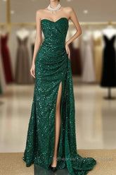 Elegant Dark Green Sweetheart Neck Mermaid Long Semi Formal Prom Dress Sequin Strapless Formal Evening Dress