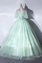 Elegant Green A-Line Princess Semi Formal Prom Dress, A-Line Lace Evening Party Dress