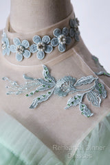 Elegant Green A-Line Princess Semi Formal Prom Dress, A-Line Lace Evening Party Dress