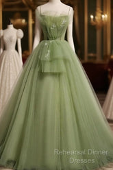 Elegant Green Tulle Spaghetti Straps A-Line Long Semi Formal Prom Dresses Formal Dress,