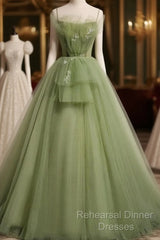 Elegant Green Tulle Spaghetti Straps A-Line Long Semi Formal Prom Dresses Formal Dress,