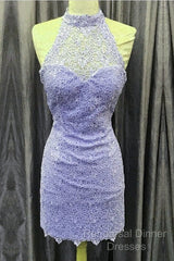 Elegant High Neck Open Back Lace Homecoming Dresses Sheath Party Dress