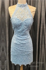 Elegant High Neck Open Back Lace Homecoming Dresses Sheath Party Dress