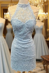 Elegant High Neck Open Back Lace Homecoming Dresses Sheath Party Dress