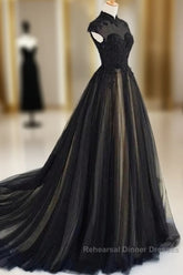 Elegant High Neck Semi Formal Prom Dress Black Formal Dress A Line Floor Length Evening Dress