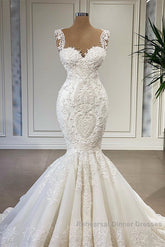 Elegant Ivory Long Mermaid Sweetheart Ruffles Lace Wedding Dress