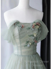 Elegant Light Green A-Line Tulle Off The Shoulder Long Semi Formal Prom Dress Evening Dress,
