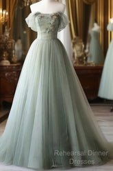 Elegant Light Green A-Line Tulle Off The Shoulder Long Semi Formal Prom Dress Evening Dress,