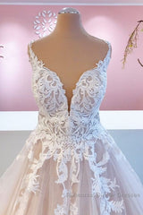 Elegant Long A-Line Appliques Lace Tulle Sweetheart Backless Wedding Dresses