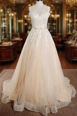 Elegant Long A-line Appliques Lace Tulle Wedding Dresses