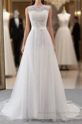Elegant Long A-line Jewel Tulle Appliques Lace Wedding Dresses