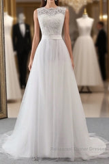 Elegant Long A-line Jewel Tulle Appliques Lace Wedding Dresses