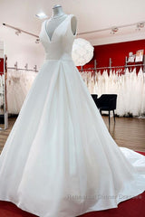 Elegant Long A-line V Neck Satin Ruffles Open Back Wedding Dress