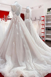 Elegant Long A-line V Neck Sleeveless Ruffles Backless Wedding Dresses