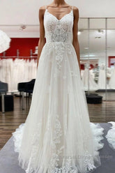 Elegant Long A-Line V Neck Tulle Spaghetti Straps Lace Wedding Dresses