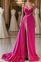 Elegant Long Fuchsia One Shoulder Jewels Sleeveless Semi Formal Prom Dresses Long Slit Online