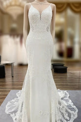 Elegant Long Mermaid Spaghetti Straps Lace Satin Open Back Wedding Dress