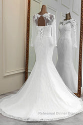 Elegant Long Mermaid Tulle Jewel Wedding Dresses with Sleeves