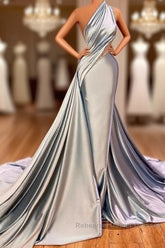 Elegant Mermaid One Shoulder Satin Long Evening Dress Semi Formal Prom Dress