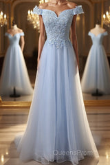 Elegant Off Shoulder Long Sky Blue Lace Evening Prom Dress, Off Shoulder Sky Blue Formal Dress, Sky Blue Lace Evening Dress