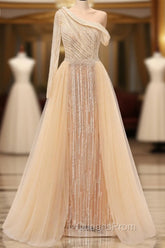 Elegant One Shoulder Beige Evening Prom Dress Sheer Beading Lace Evening Dress