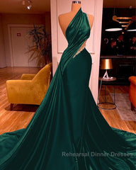 Elegant One Shoulder Mermaid Semi Formal Prom Dress Long Pleated with Beads