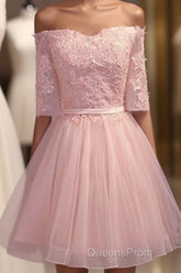 Elegant Pink Lace Appliques Off The Shoulder Tulle Bridesmaid Dress Short