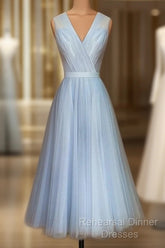 Elegant Pleated Tulle Midi Semi Formal Prom Party Dresses