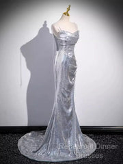 Elegant Silver Sequin Mermiad Semi Formal Prom Dress Long Evening Dress